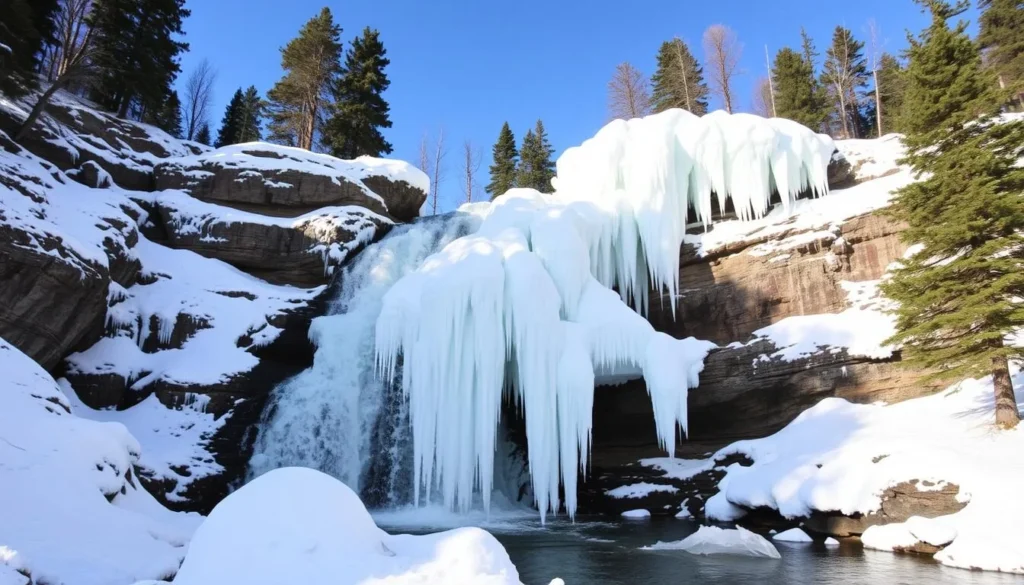 Bear Creek Falls in winter with frozen ice formations Bear Creek Falls in winter with frozen ice formations