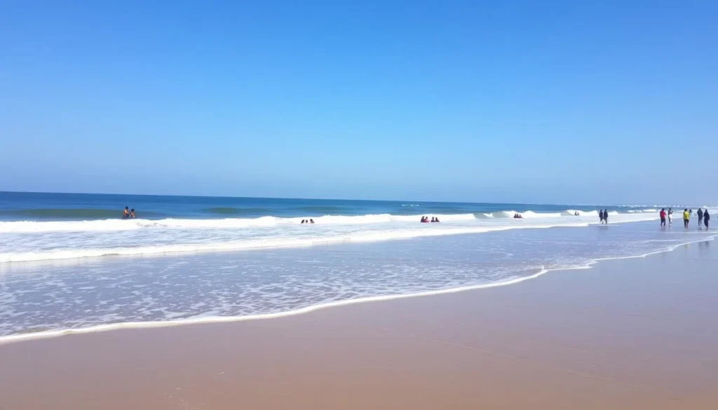 Beautiful beach scene in Puri during winter with clear blue skies and tourists enjoying the shore