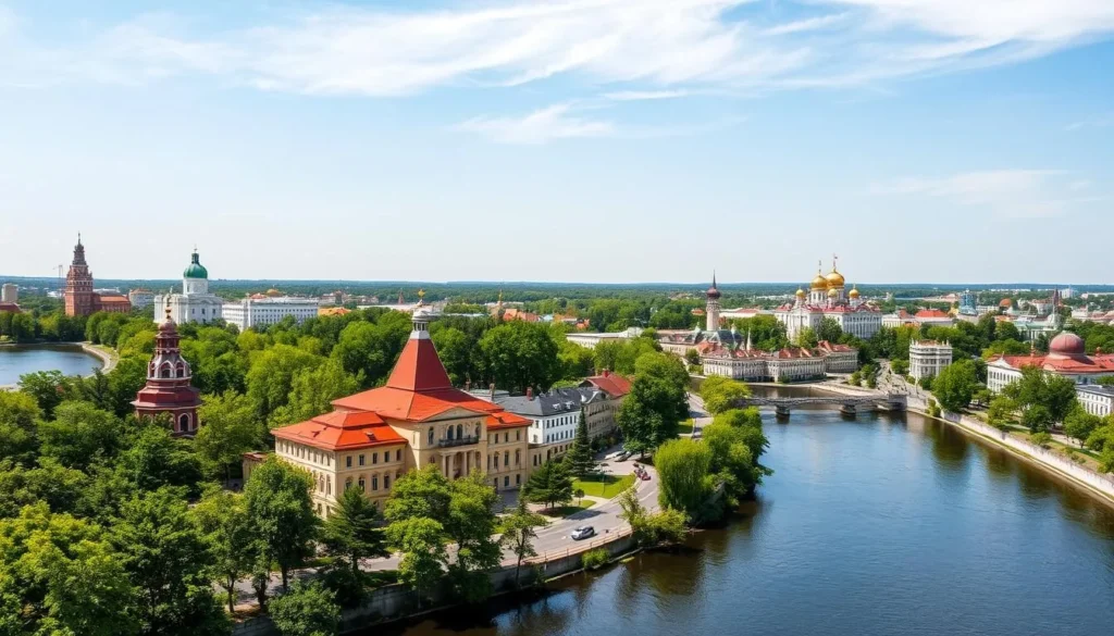 Beautiful cityscape of Omsk Oblast showing historical architecture and the Irtysh River