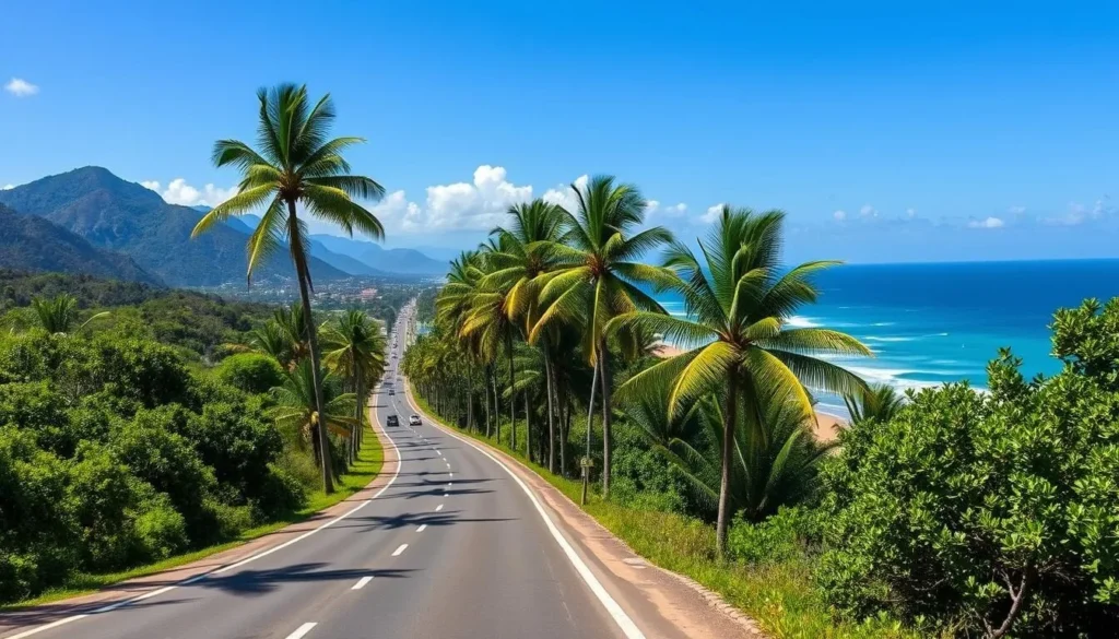 Beautiful coastal road leading to Sayulita with palm trees and ocean views