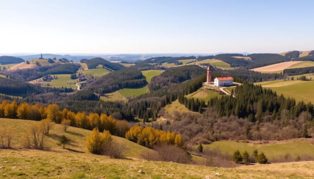Beautiful countryside landscape of Lipetsk Oblast showing rolling hills, forests, and traditional Russian architecture