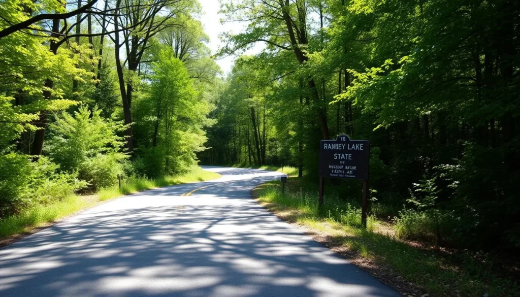 Beautiful entrance road to Ramsey Lake State Park with trees lining both sides Beautiful entrance road to Ramsey Lake State Park with trees lining both sides