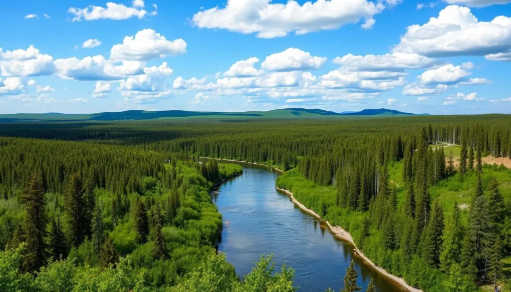 Beautiful summer landscape in Khanty-Mansi Autonomous Okrug showing lush taiga forest and a river Beautiful summer landscape in Khanty-Mansi Autonomous Okrug showing lush taiga forest and a river