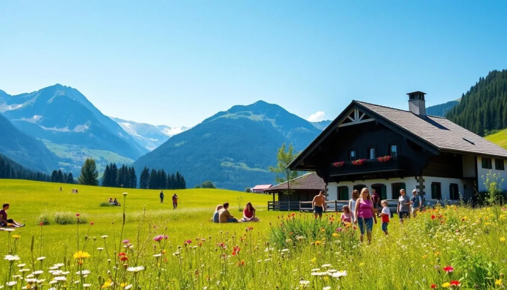 Beautiful summer scene in Switzerland showing a meadow with wildflowers, a traditional Swiss chalet, and mountains in the background