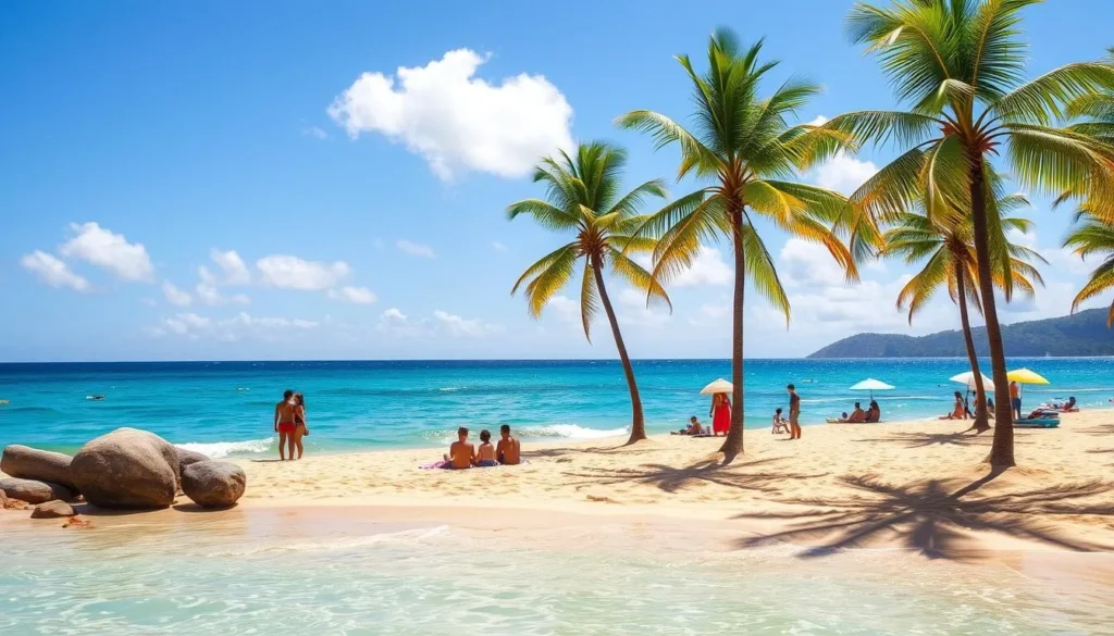 Beautiful sunny beach day in Puerto Plata with palm trees and clear blue skies