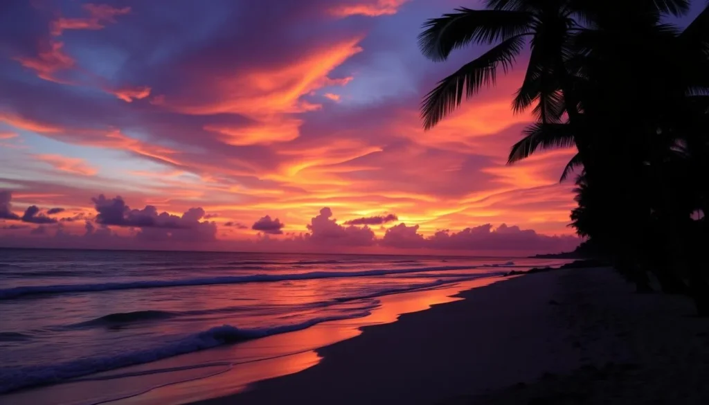 Beautiful sunset over Punta Mita beach with palm trees silhouetted against orange sky