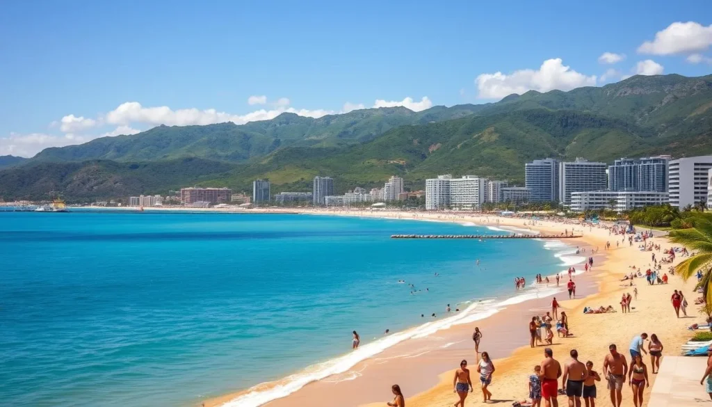 Beautiful view of Puerto Vallarta's coastline with golden beaches, blue waters, and lush green mountains in the background