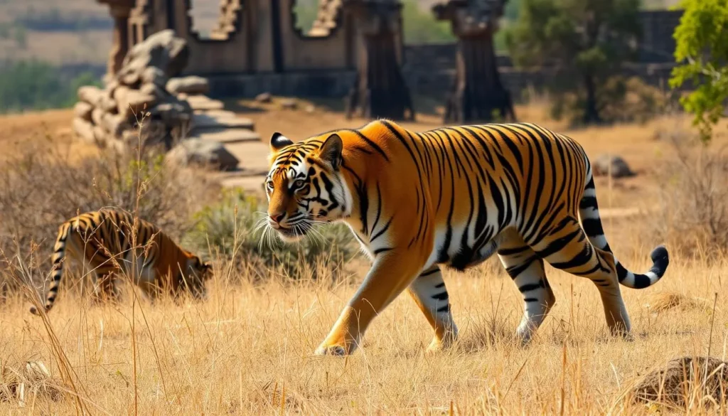 Bengal tiger walking through the natural landscape of Ranthambore National Park with ancient ruins in the background