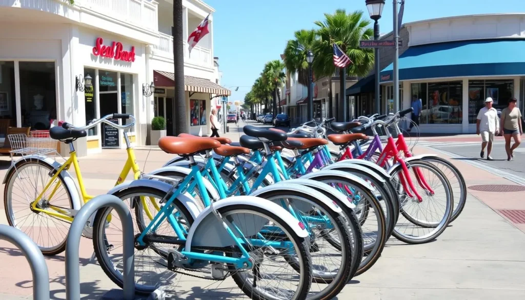Bicycles parked along Main Street in Seal Beach with colorful shops in background