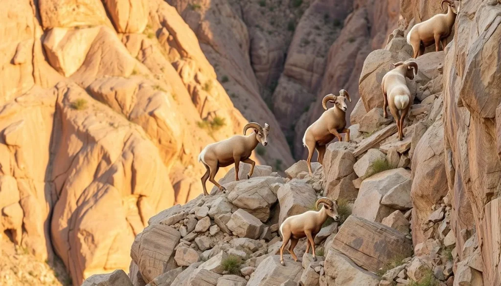 Bighorn sheep on the rocky walls of the Rio Grande Gorge near the bridge Bighorn sheep on the rocky walls of the Rio Grande Gorge near the bridge