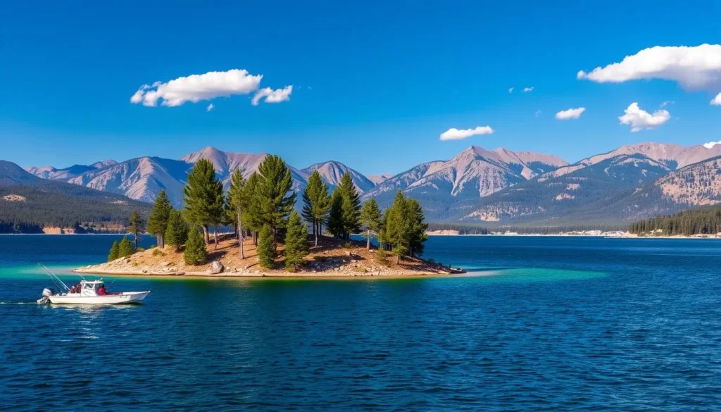Bird Island on Shadow Mountain Lake with people fishing from small boats nearby Bird Island on Shadow Mountain Lake with people fishing from small boats nearby