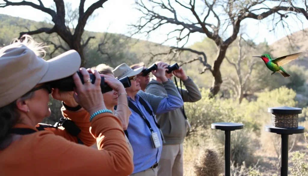Bird watchers in Madera Canyon observing diverse bird species in the Santa Rita Mountains Bird watchers in Madera Canyon observing diverse bird species in the Santa Rita Mountains