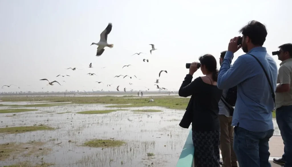 Bird watching at Harike Wetland with migratory birds in flight