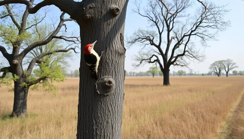 Bird watching at Somme Prairie Grove with a red-headed woodpecker visible on an oak tree