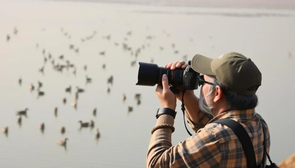 Birdwatcher observing migratory birds at Khoka Lake in Pench National Park