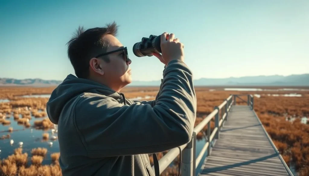 Birdwatcher observing wetland birds at Ash Meadows National Wildlife Refuge Birdwatcher observing wetland birds at Ash Meadows National Wildlife Refuge
