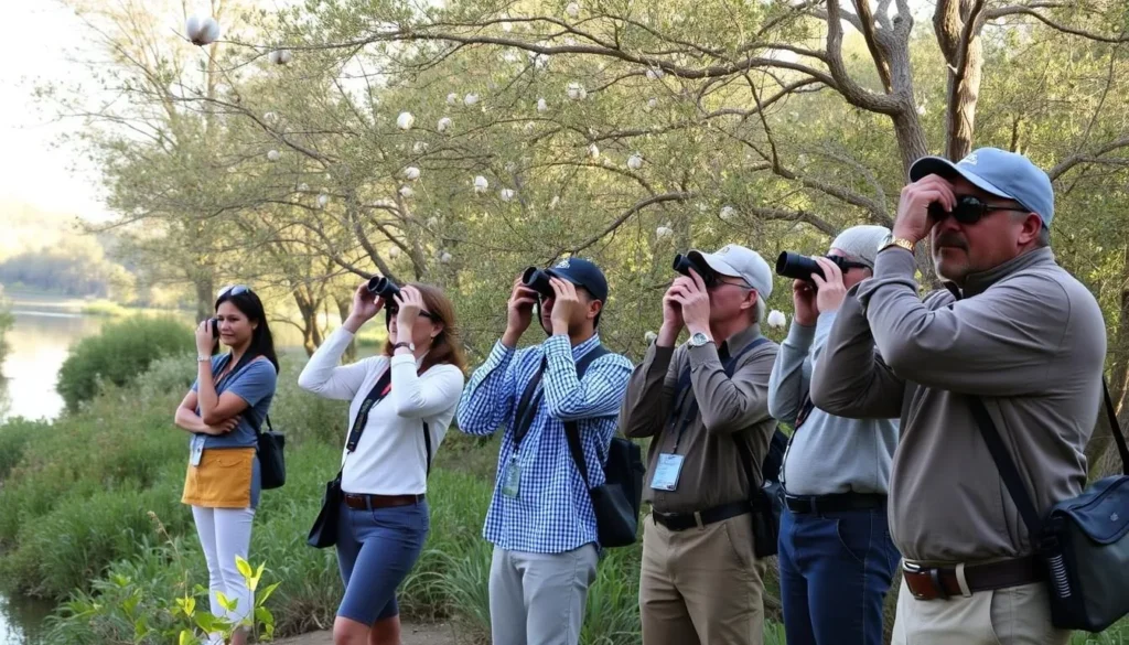 Birdwatchers observing diverse bird species along the riparian corridor of the Santa Cruz River