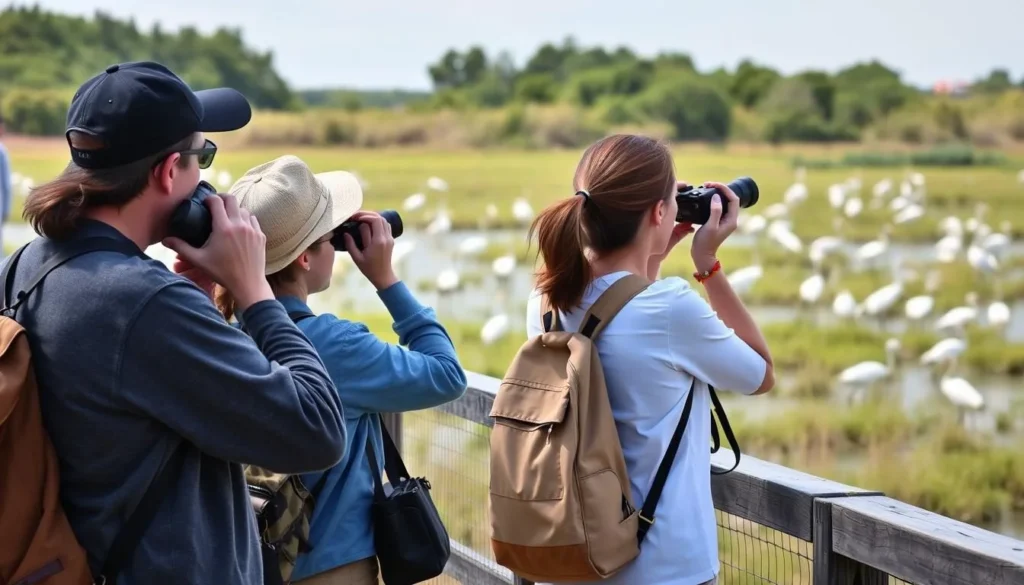 Birdwatchers with binoculars observing wading birds at Lacassine National Wildlife Refuge Louisiana Birdwatchers with binoculars observing wading birds at Lacassine National Wildlife Refuge Louisiana