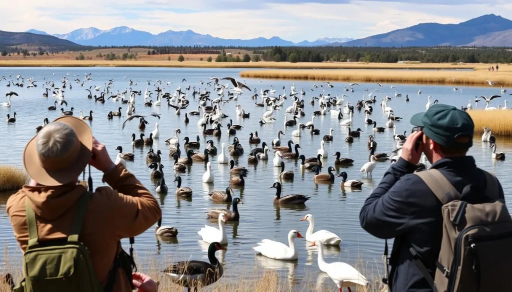 Birdwatching at Storrie Lake with diverse waterfowl visible Birdwatching at Storrie Lake with diverse waterfowl visible