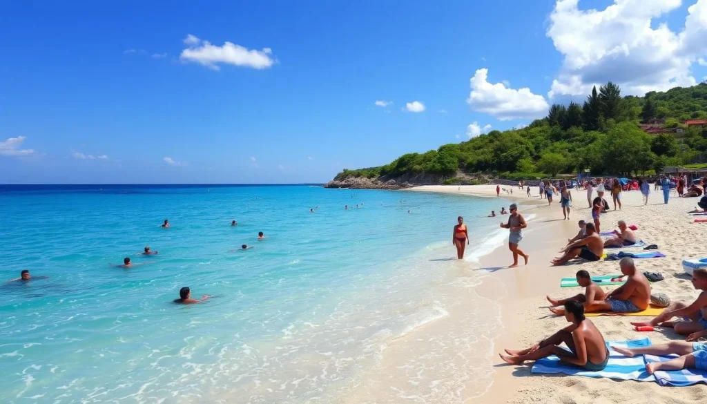Black Sea beach in Krasnodar Krai during summer with tourists enjoying the water