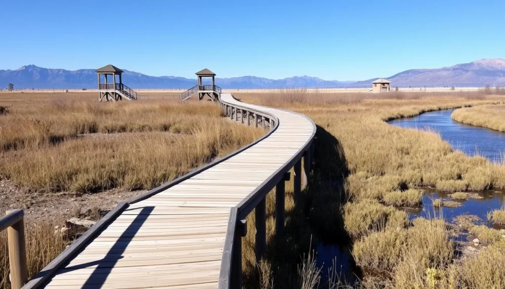 Boardwalk trail through Blanca Wetlands with viewing platforms and diverse wetland habitat