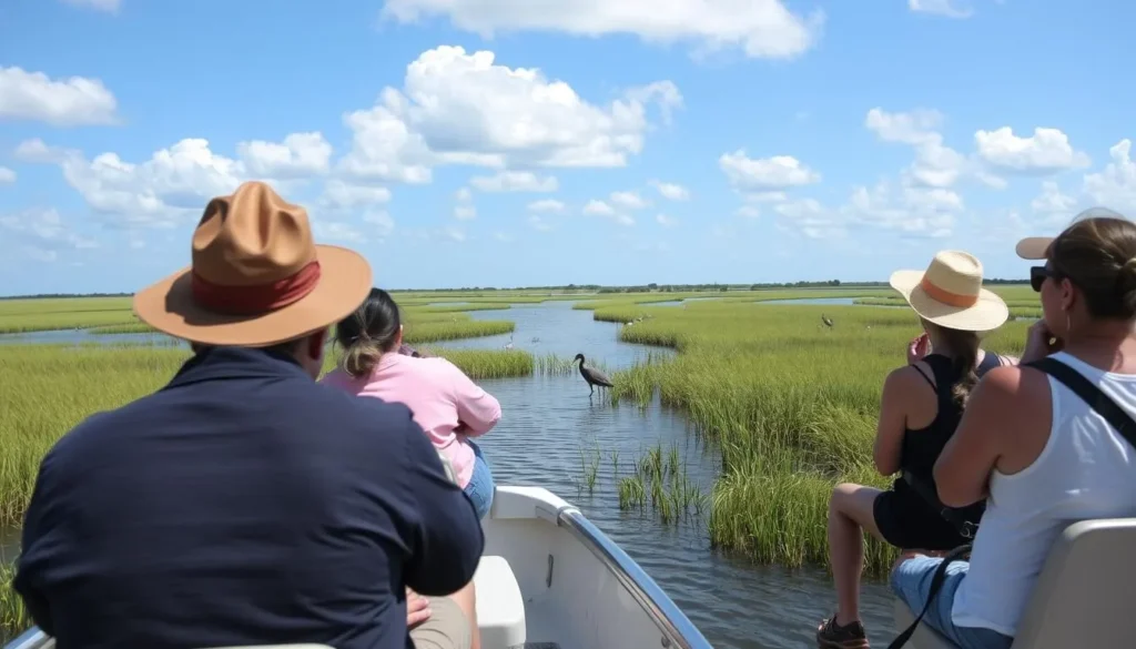 Boat tour exploring the coastal wetlands of Timbalier Bay, Louisiana Boat tour exploring the coastal wetlands of Timbalier Bay, Louisiana