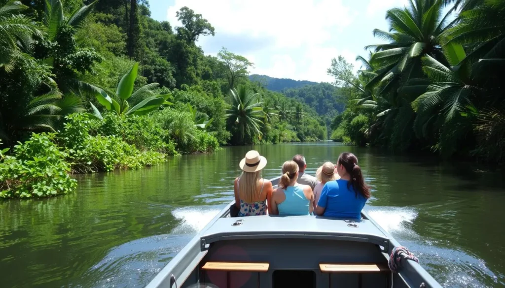 Boat tour on the Chavon River surrounded by lush tropical vegetation