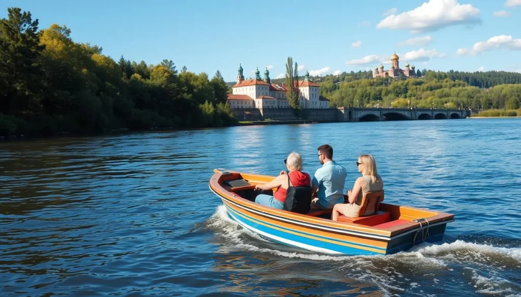 Boat trip on the Oka River near Ryazan with scenic riverbanks and historic buildings visible Boat trip on the Oka River near Ryazan with scenic riverbanks and historic buildings visible