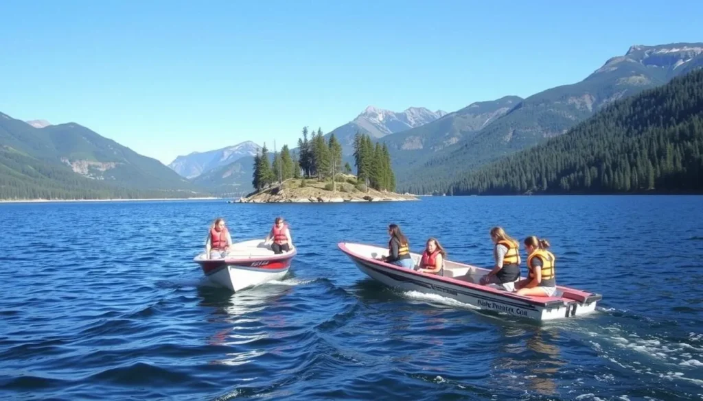Boaters practicing safe distancing on Shadow Mountain Lake near Bird Island Boaters practicing safe distancing on Shadow Mountain Lake near Bird Island