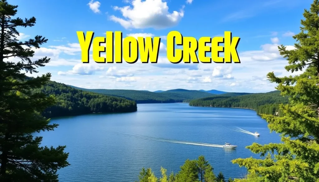 Boating on Yellow Creek Lake with forested shoreline