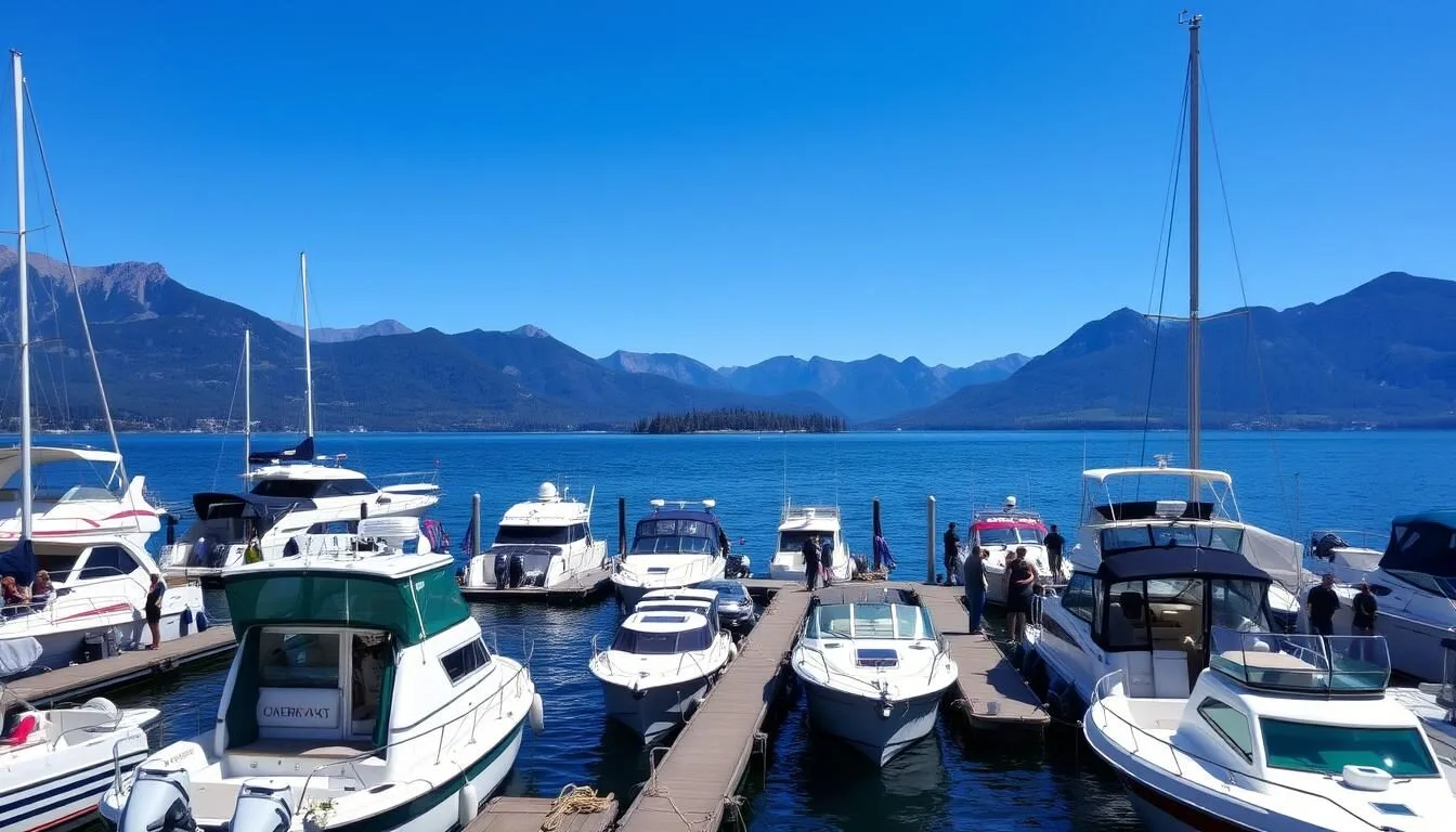 Boats-docked-at-Lake-Granby-marina-with-Granite-Island-visible-in-the-distance Boats docked at Lake Granby marina with Granite Island visible in the distance