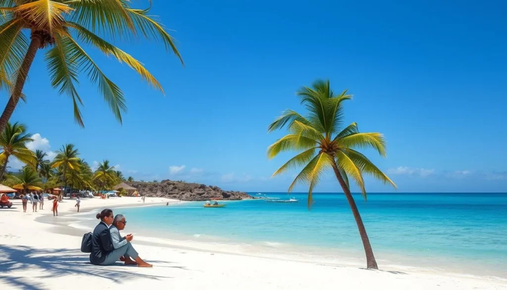 Boca Chica beach near Santo Domingo with palm trees and turquoise water