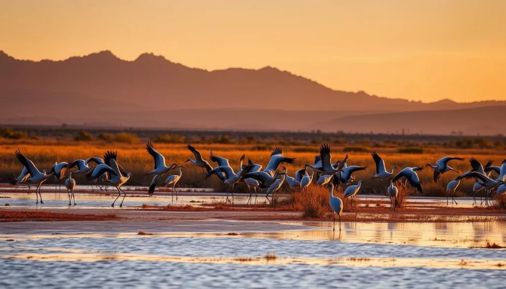 Bosque del Apache National Wildlife Refuge with sandhill cranes and mountains