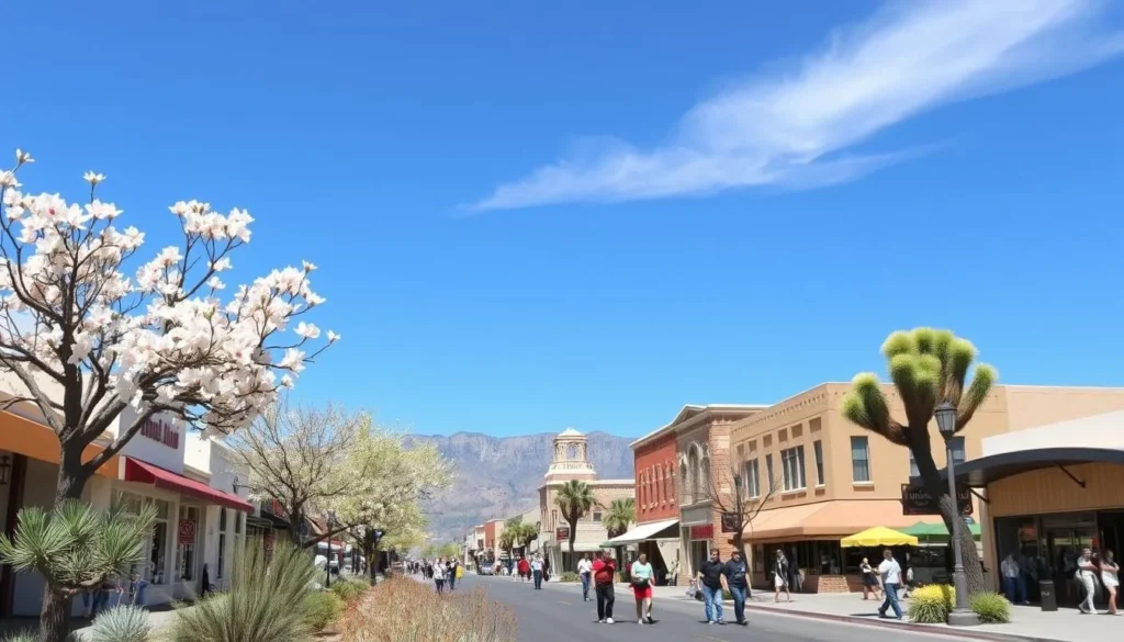 Boulder City street view with spring blooms and blue skies Boulder City street view with spring blooms and blue skies