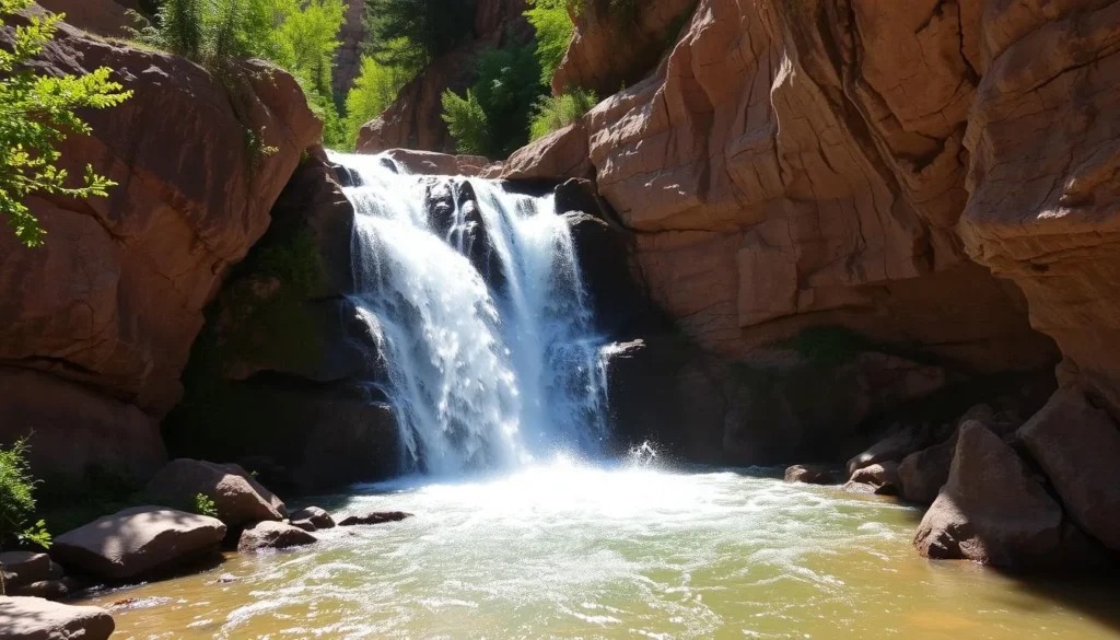 Box Canyon Falls in summer with lush greenery and flowing water Box Canyon Falls in summer with lush greenery and flowing water