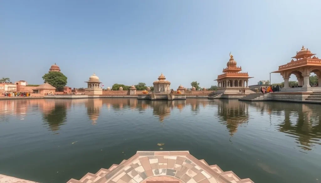 Brahma Sarovar in Kurukshetra with ancient temples and pilgrims Brahma Sarovar in Kurukshetra with ancient temples and pilgrims