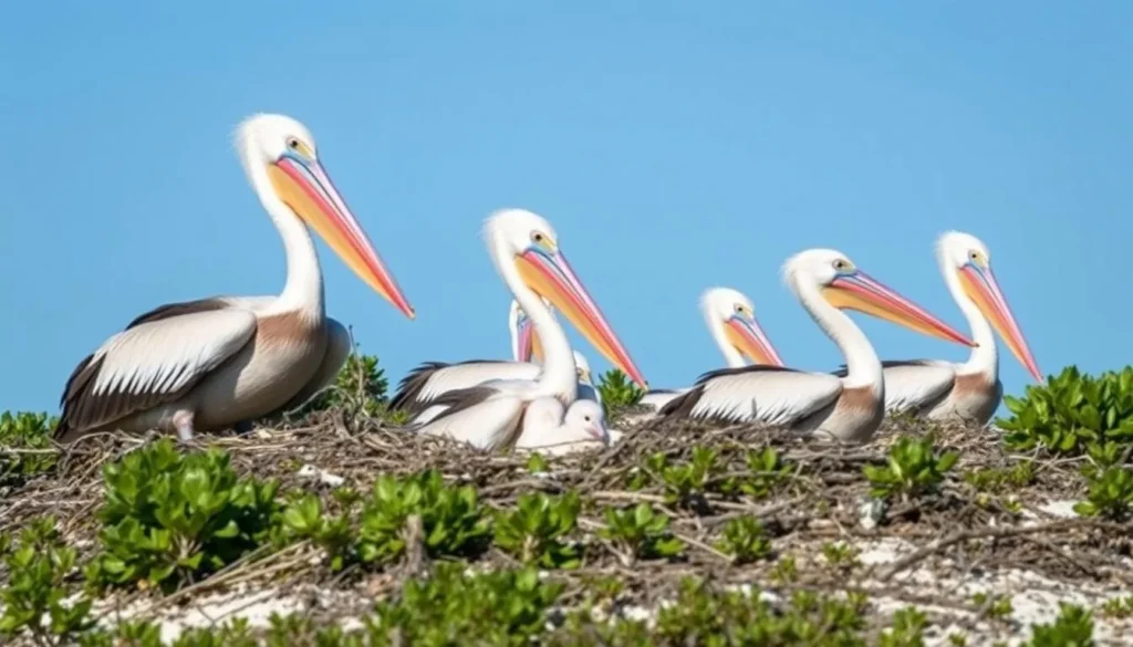 Brown pelicans nesting on Rabbit Island with chicks visible in nests