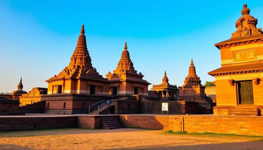 Buddhist ruins at Nalanda in Bihar with ancient brick structures and stupas