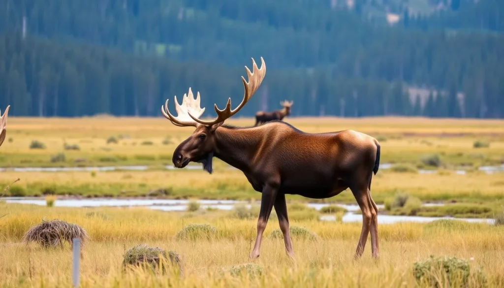 Bull moose standing in a meadow at State Forest State Park near the Cache la Poudre-North Park Scenic Byway Bull moose standing in a meadow at State Forest State Park near the Cache la Poudre-North Park Scenic Byway