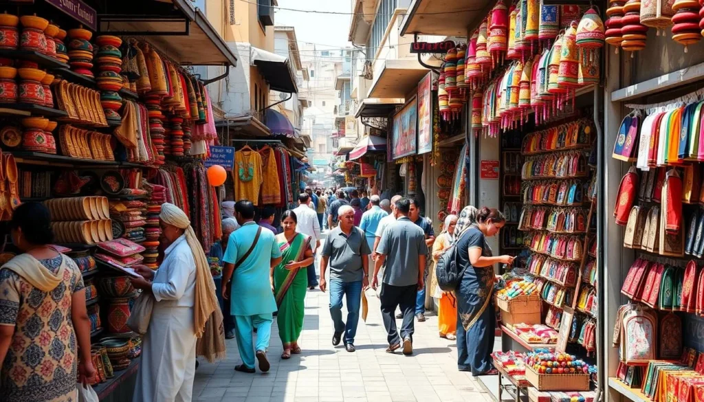 Bustling market in Amritsar with shops selling traditional Punjabi crafts and textiles