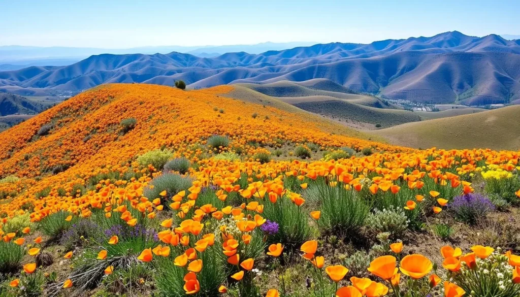 California poppies and wildflowers blooming on a Verdugo Mountains hillside in spring California poppies and wildflowers blooming on a Verdugo Mountains hillside in spring