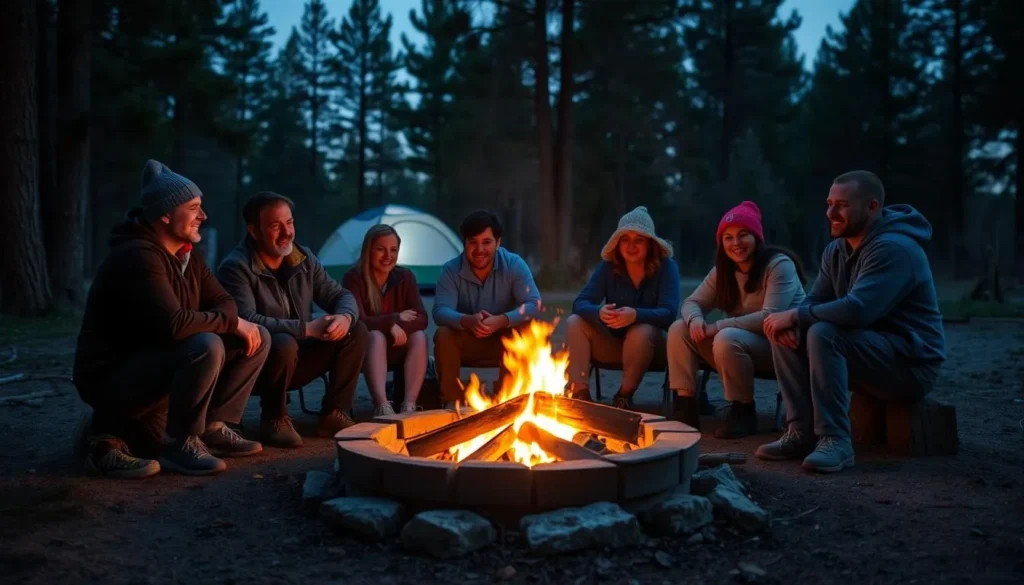Campers enjoying a campfire at White Pines Forest State Park campground at dusk Campers enjoying a campfire at White Pines Forest State Park campground at dusk