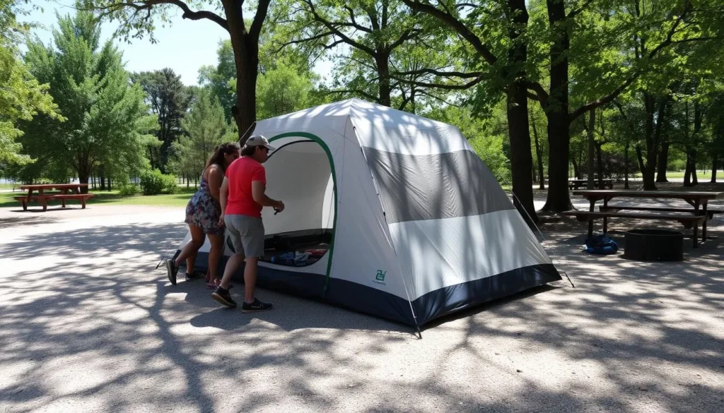 Campers setting up a tent at Ramsey Lake State Park campground Campers setting up a tent at Ramsey Lake State Park campground