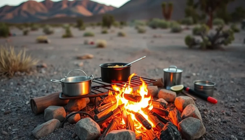 Campfire cooking setup near Fish Lake Valley Hot Springs Nevada