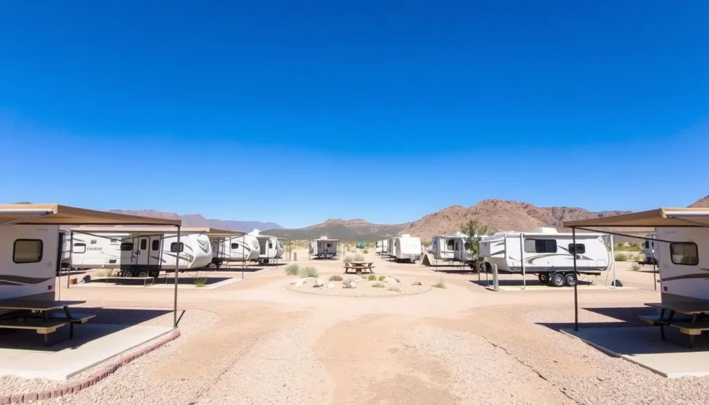 Campground at Big Bend of the Colorado State Recreation Area Nevada showing spacious RV sites with shade structures Campground at Big Bend of the Colorado State Recreation Area Nevada showing spacious RV sites with shade structures