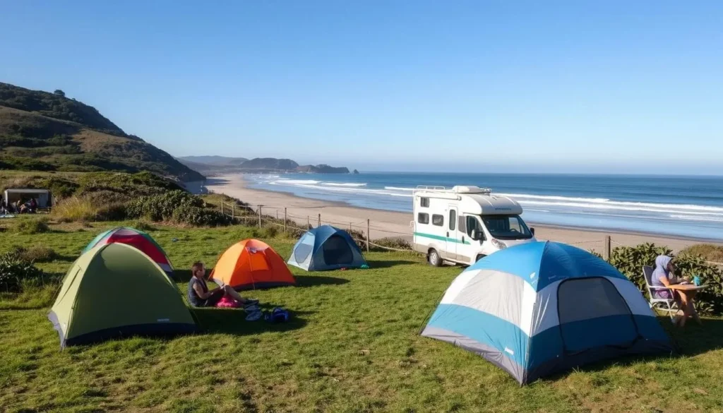 Camping area at Westport-Union Landing State Beach with tents set up near the ocean Camping area at Westport-Union Landing State Beach with tents set up near the ocean