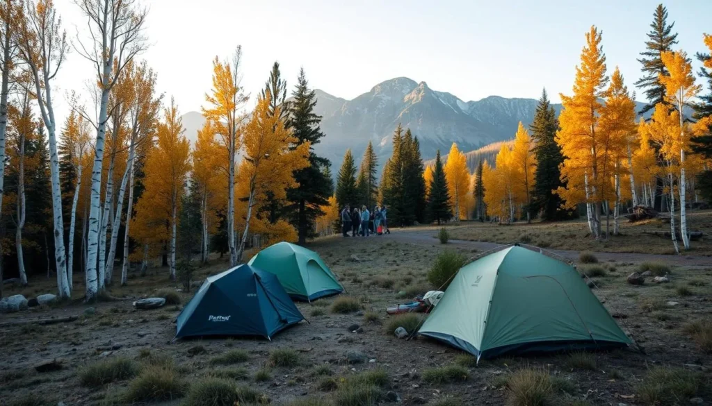 Camping area near Anthracite Range with tents set up among aspen trees Camping area near Anthracite Range with tents set up among aspen trees
