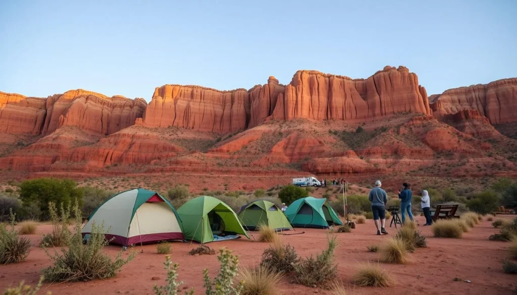 Camping area near Canyon Pintado with tents set up against a backdrop of sandstone cliffs Camping area near Canyon Pintado with tents set up against a backdrop of sandstone cliffs