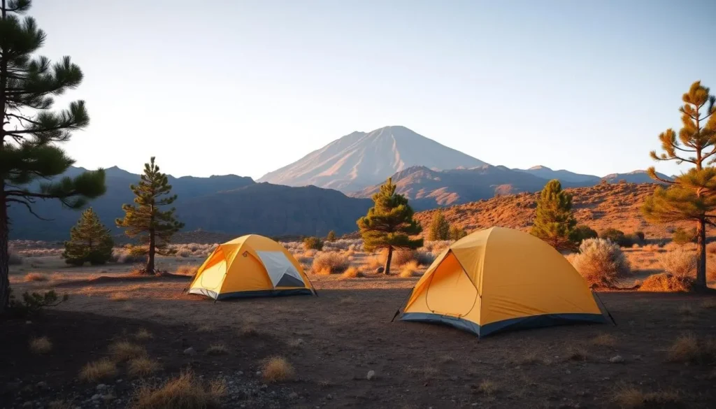 Camping area near Dotsero with tents set up and mountains in the background Camping area near Dotsero with tents set up and mountains in the background