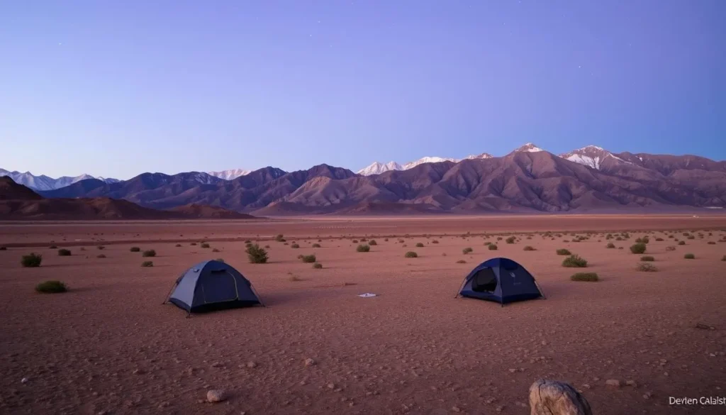 Camping area near Fish Lake Valley Hot Springs Nevada with tents and the night sky
